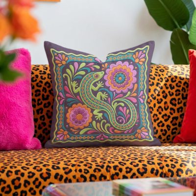 Minimalist embroidered lizard pillow