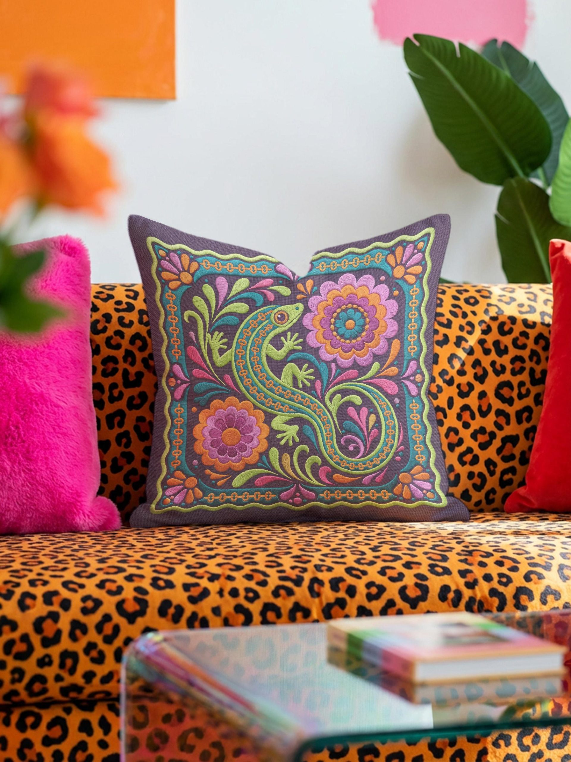 Minimalist embroidered lizard pillow