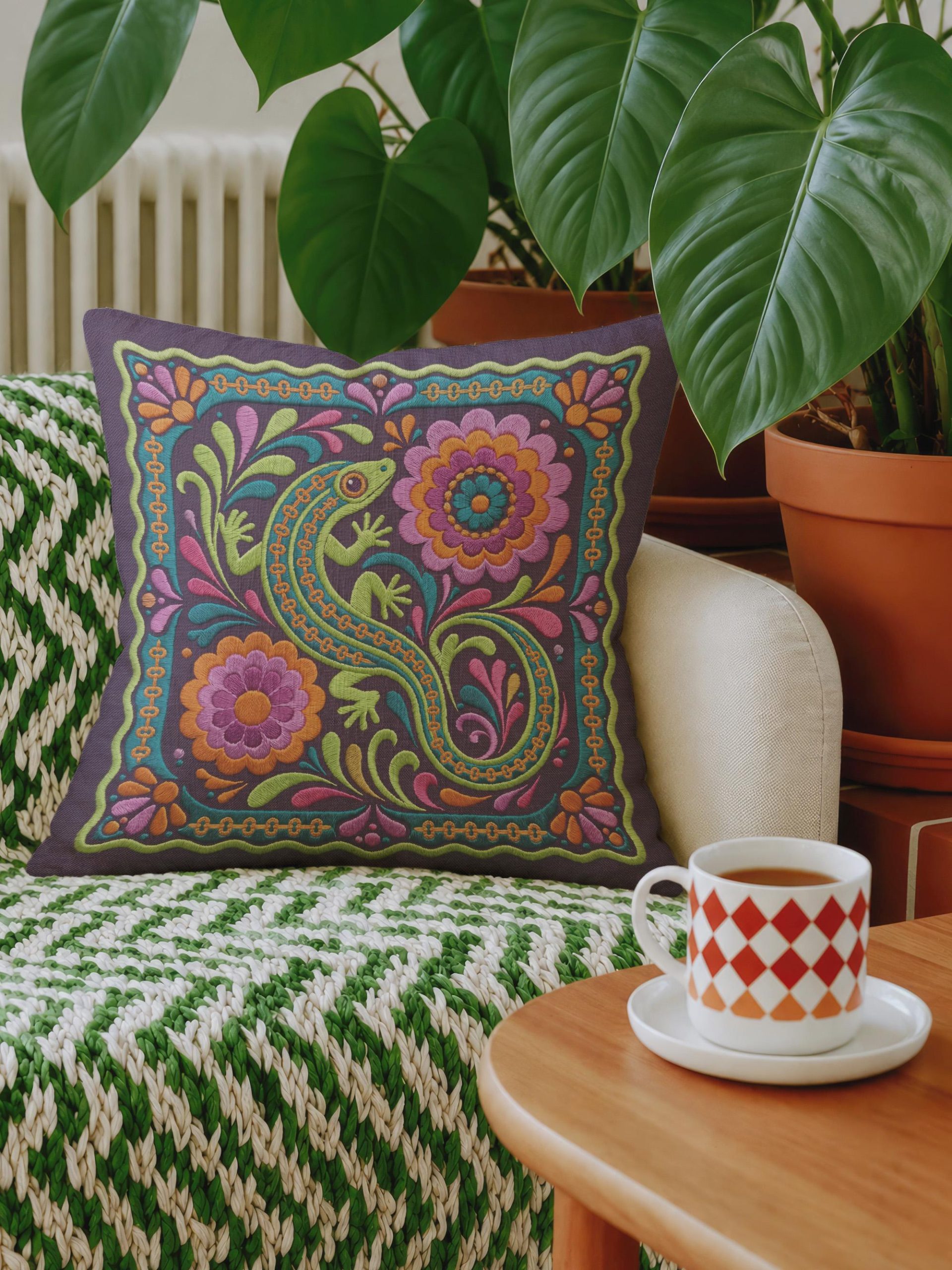 Minimalist embroidered lizard pillow - Image 5