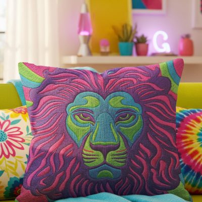 Colorful Embroidered Jungle Lion Pillowcase