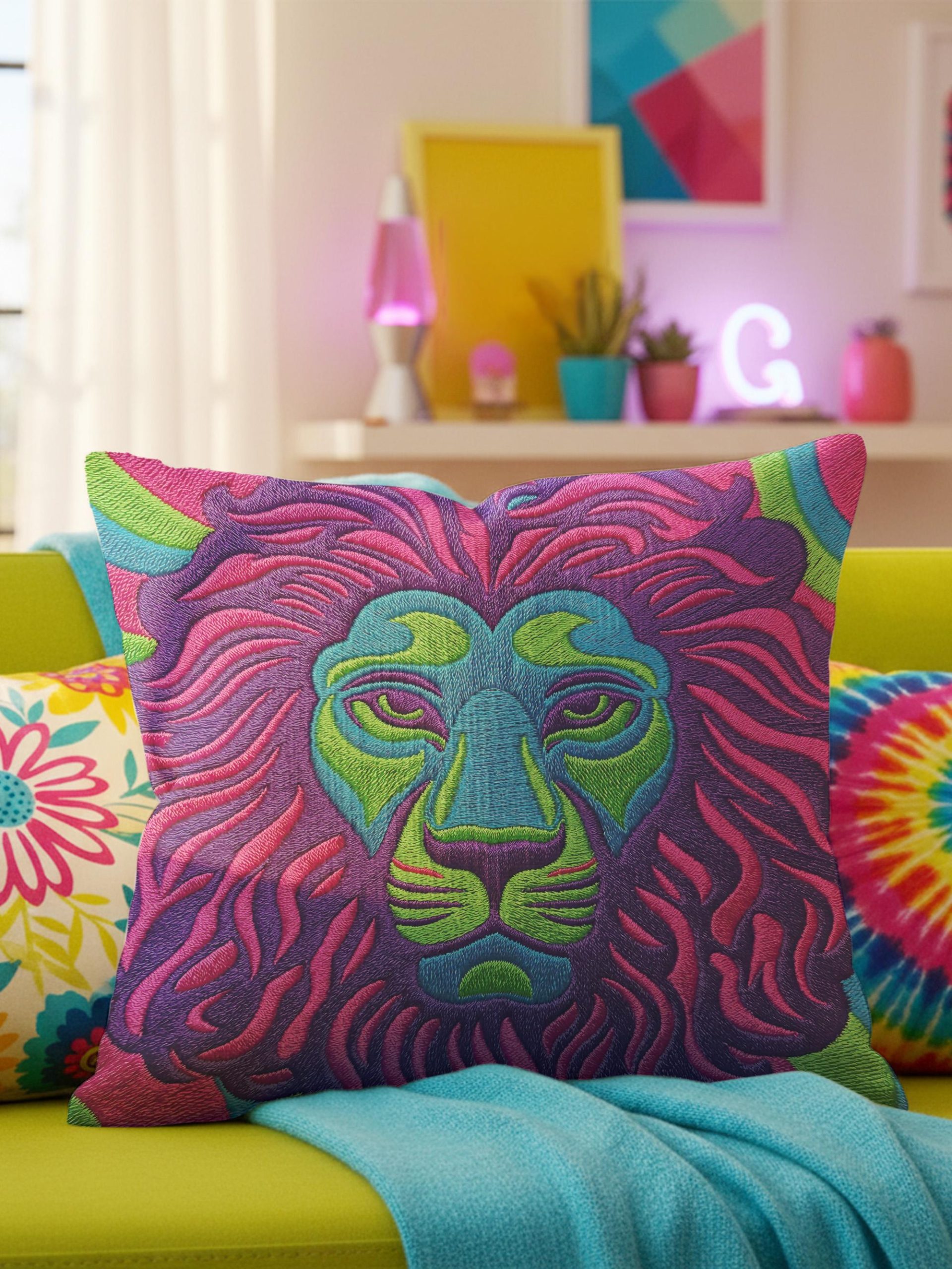 Colorful Embroidered Jungle Lion Pillowcase
