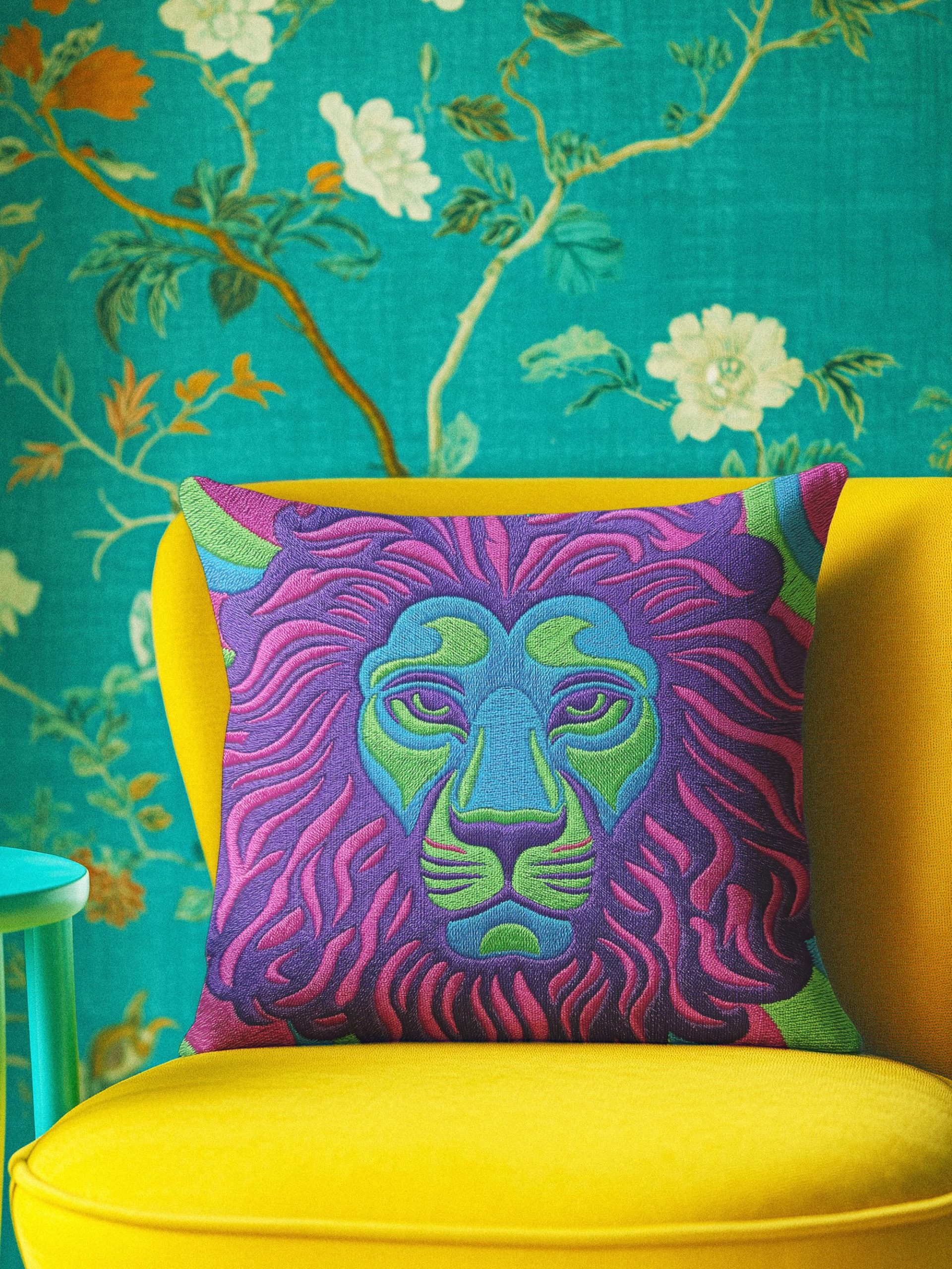 Colorful Embroidered Jungle Lion Pillowcase - Image 2