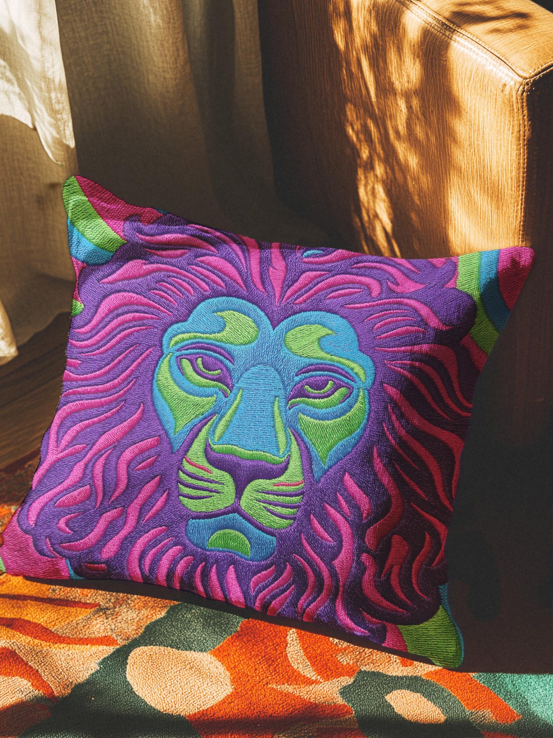 Colorful Embroidered Jungle Lion Pillowcase - Image 3