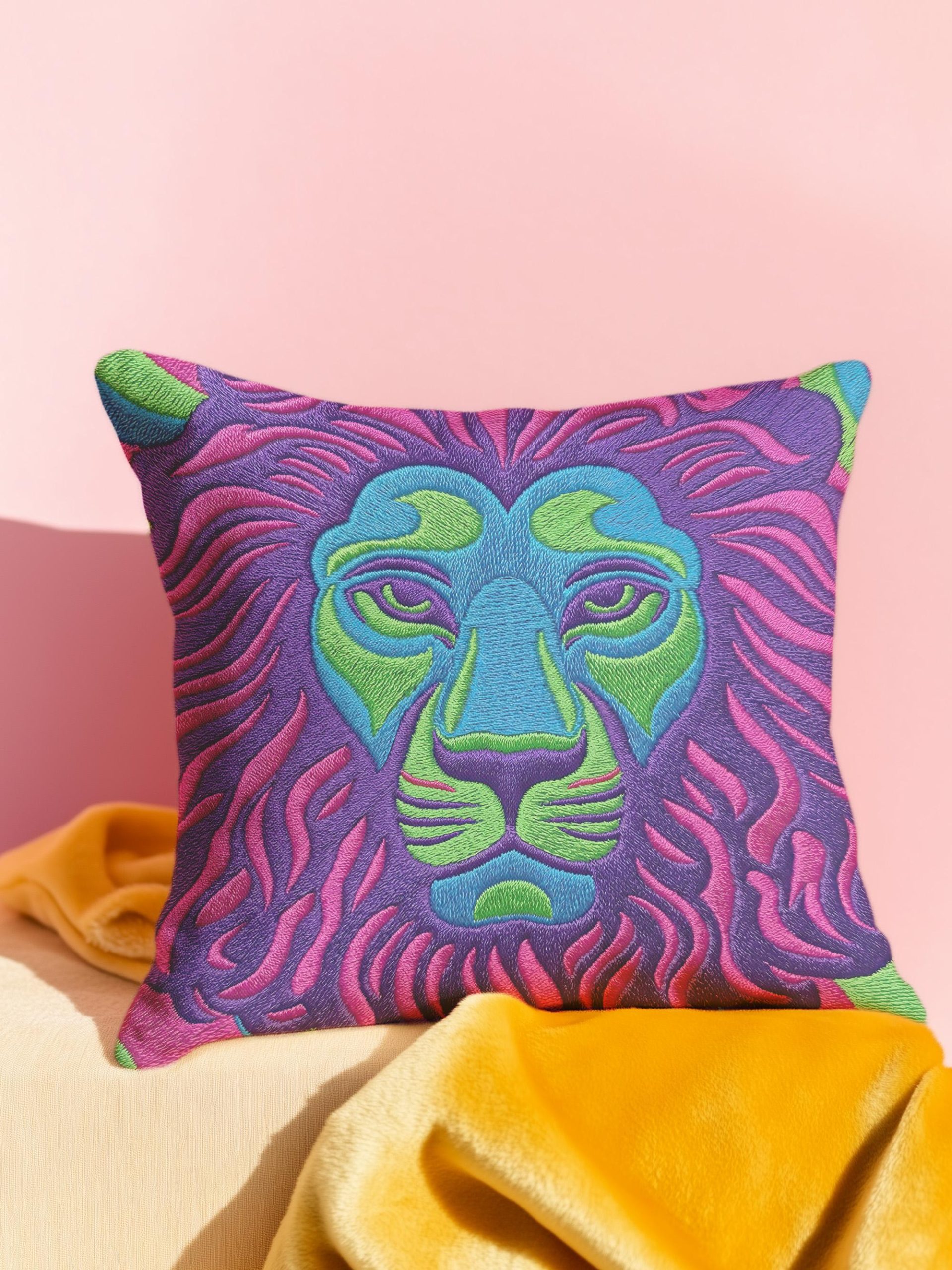 Colorful Embroidered Jungle Lion Pillowcase - Image 4