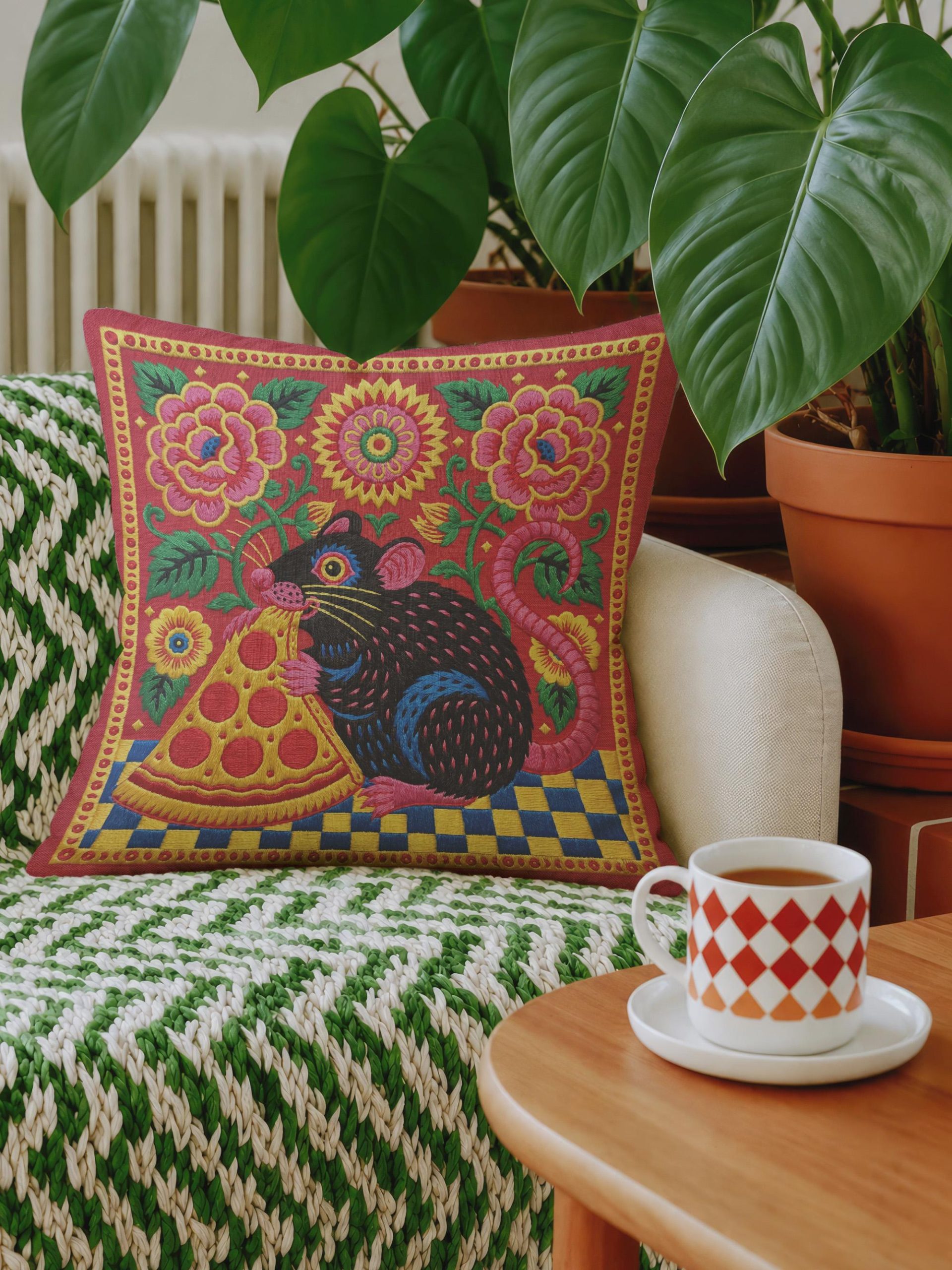 Maximalist Pizza Rat Pillow Cover
