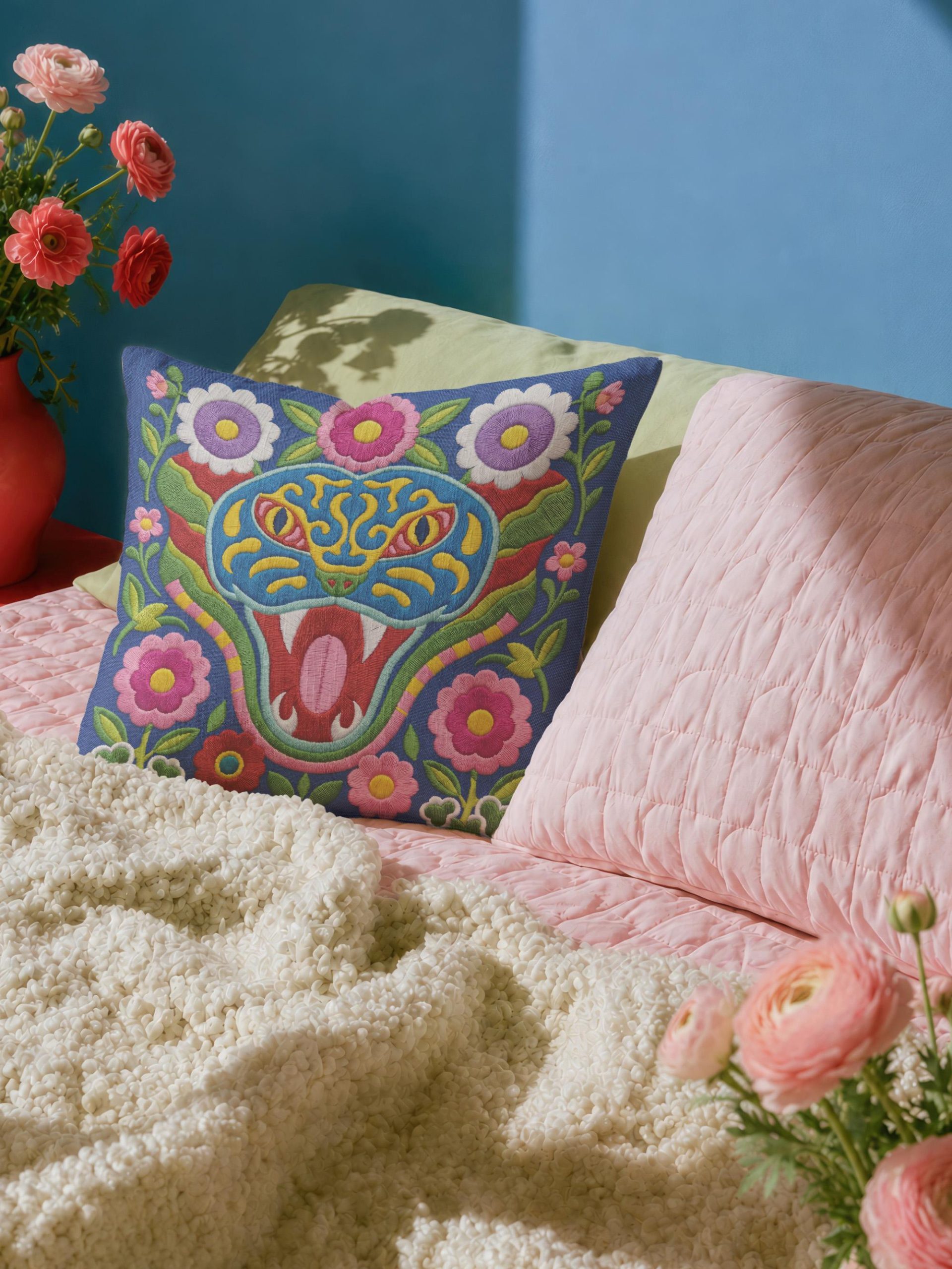 Colorful Embroidered Floral Snake-Shaped Pillowcase - Image 2