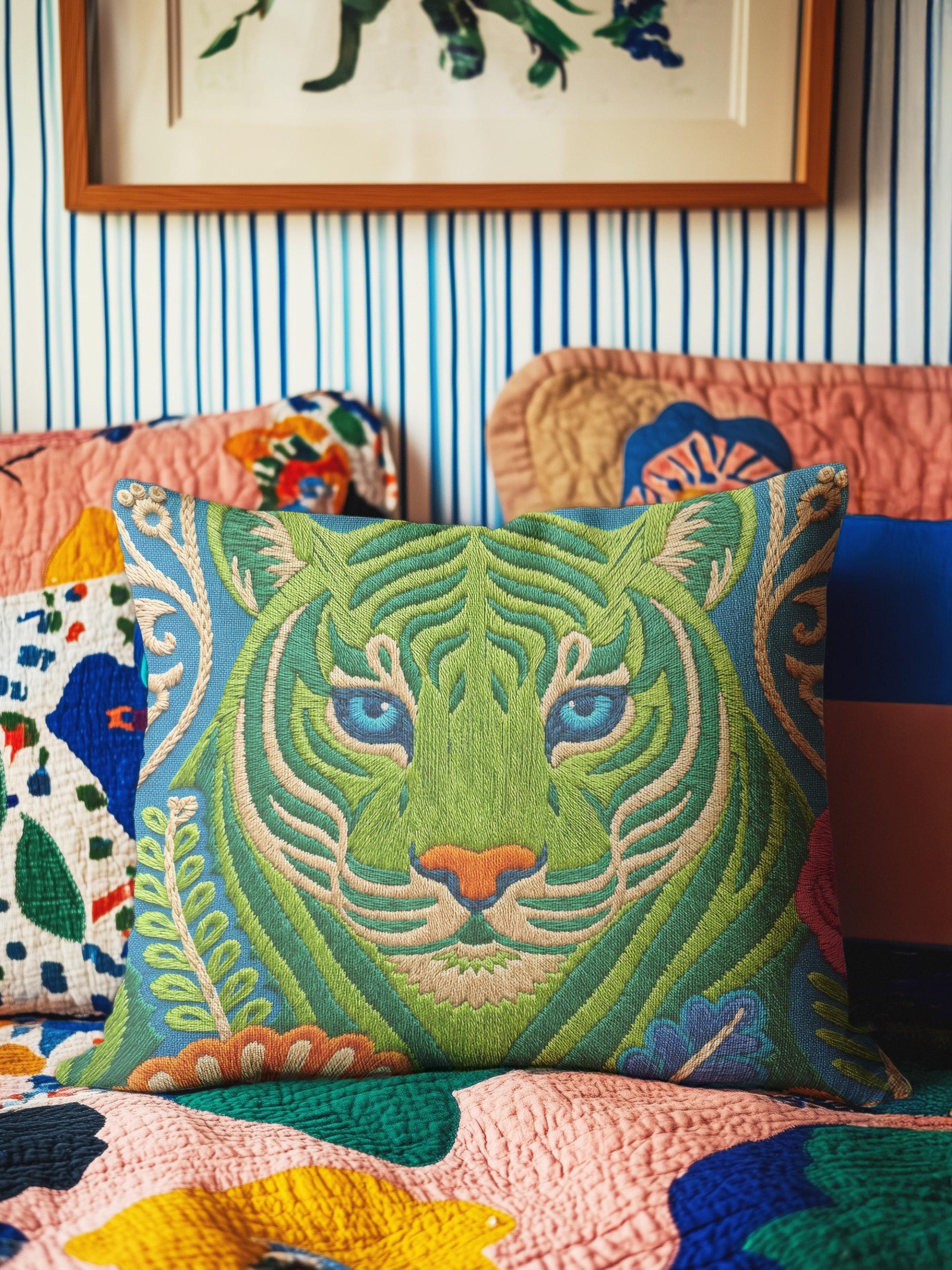 Embroidered Jungle Tiger Pillowcase Cushion