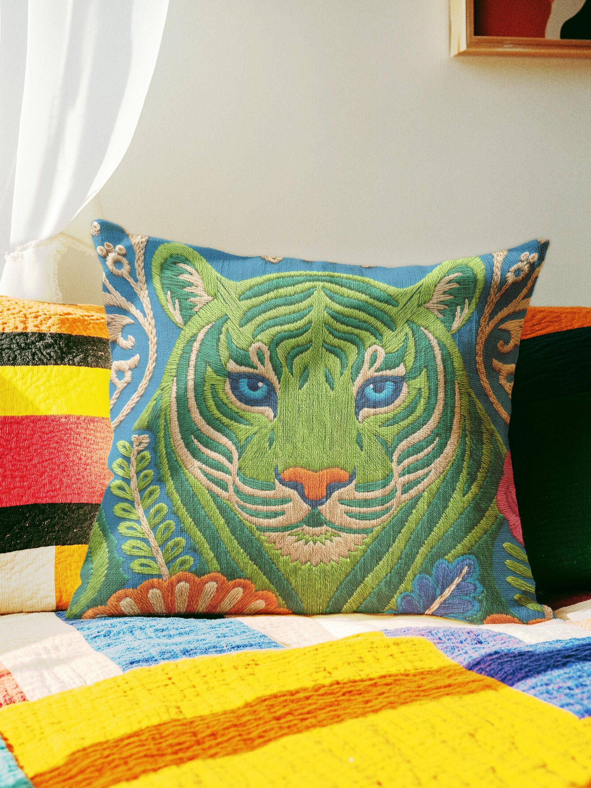 Embroidered Jungle Tiger Pillowcase Cushion - Image 7