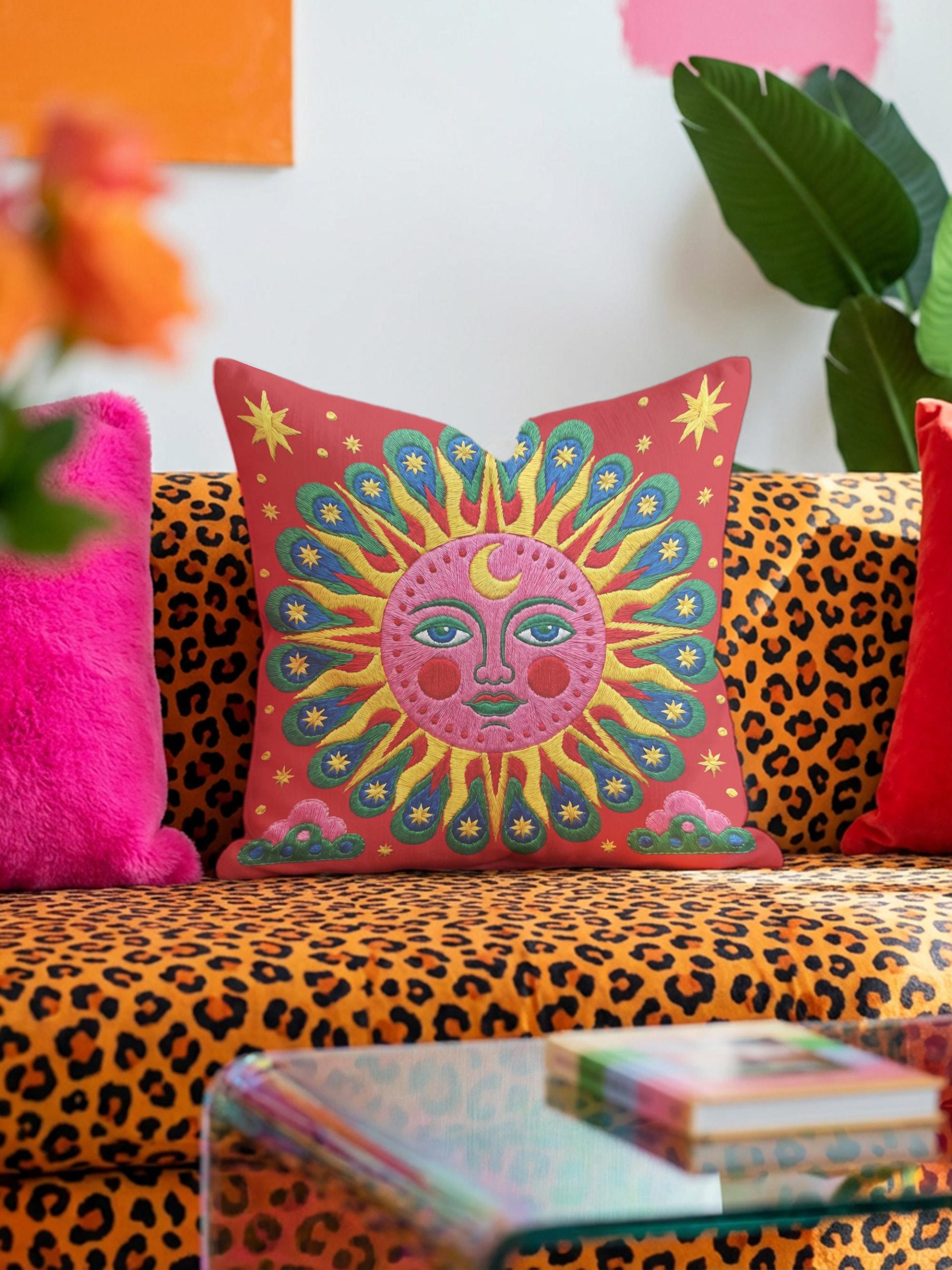 Colorful Embroidered Sun Pillow