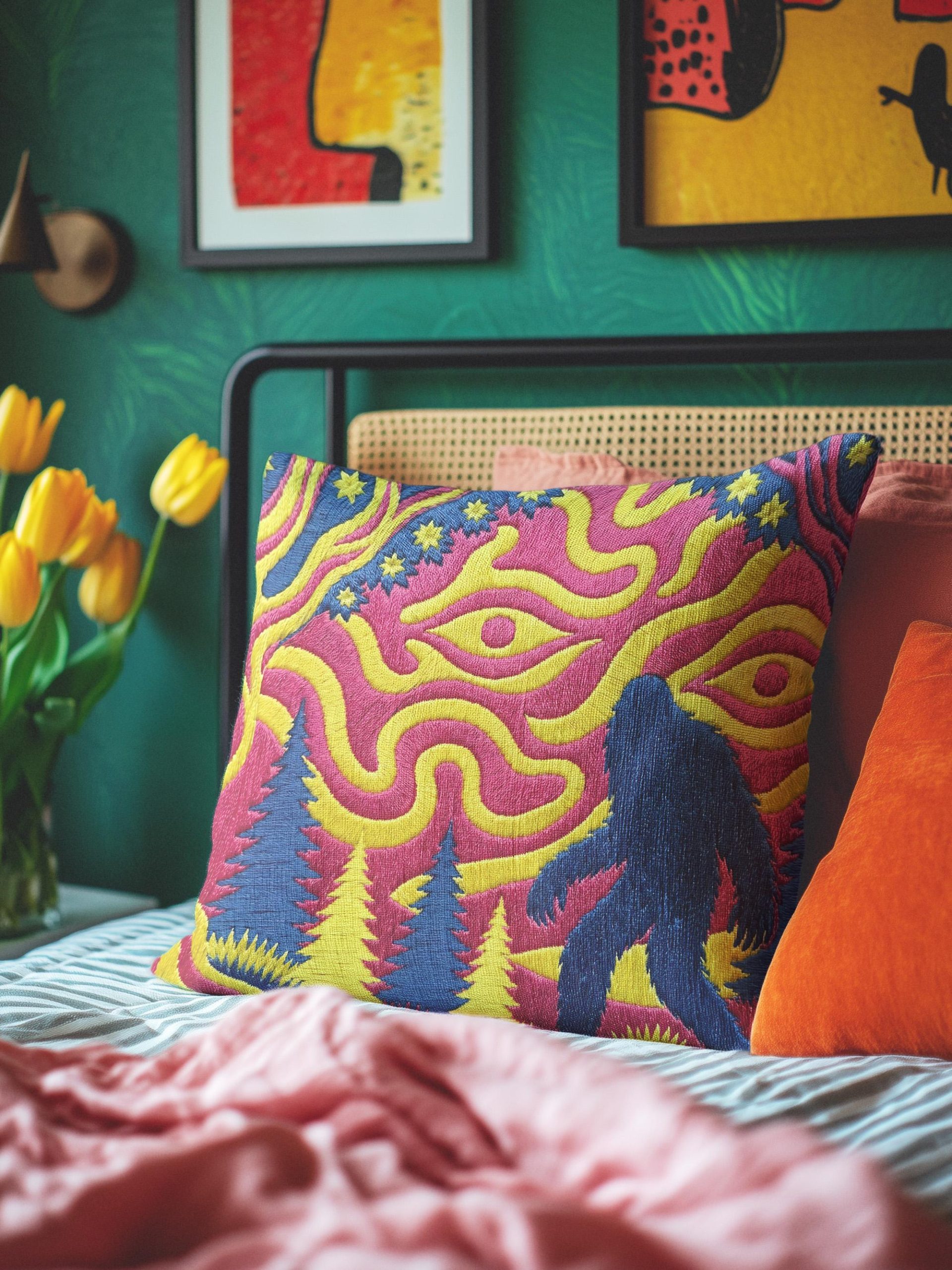 Colorful Embroidered Forest Tree and People Throw Pillow - Image 6