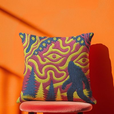 Colorful Embroidered Forest Tree and People Throw Pillow