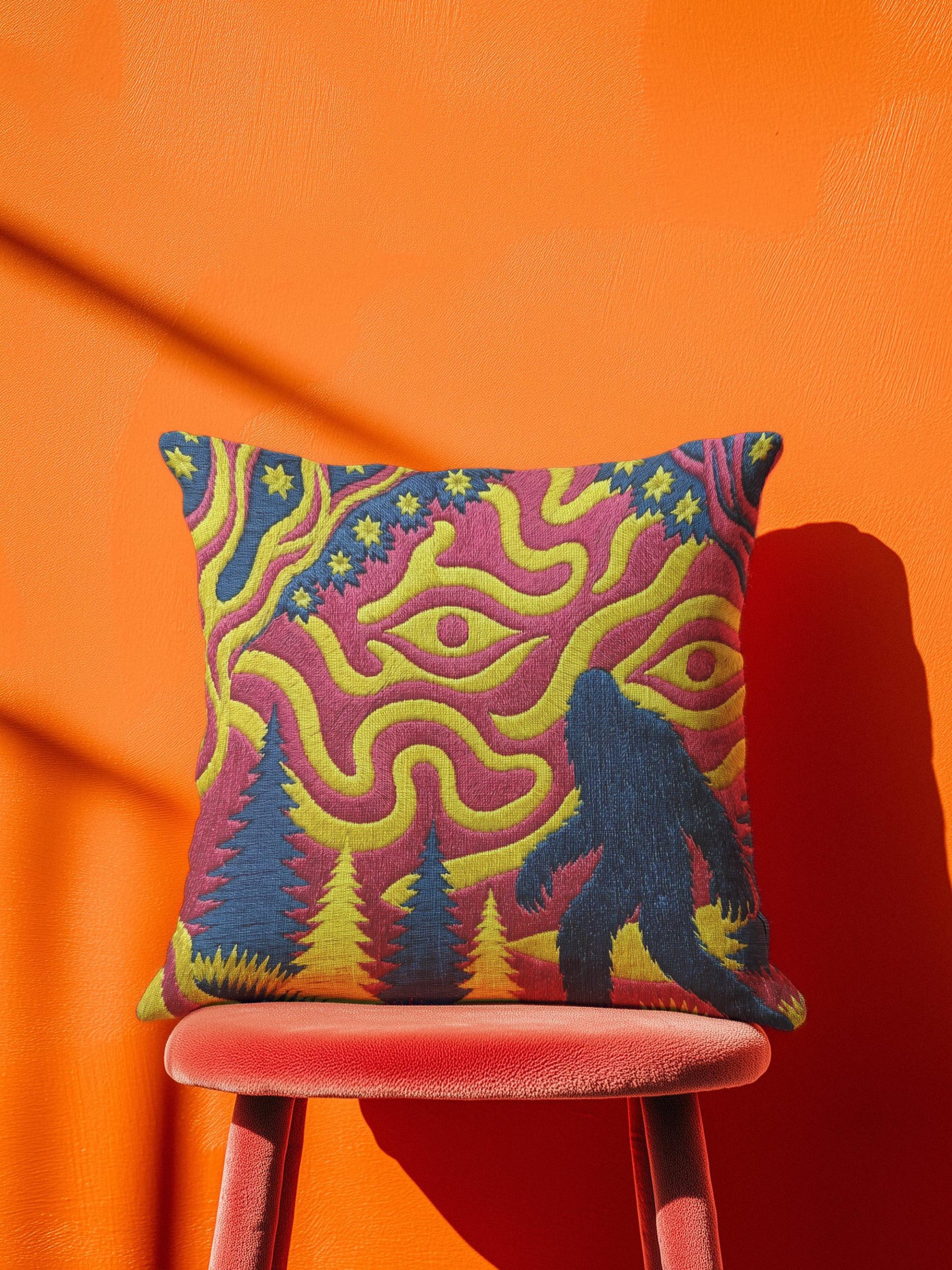 Colorful Embroidered Forest Tree and People Throw Pillow