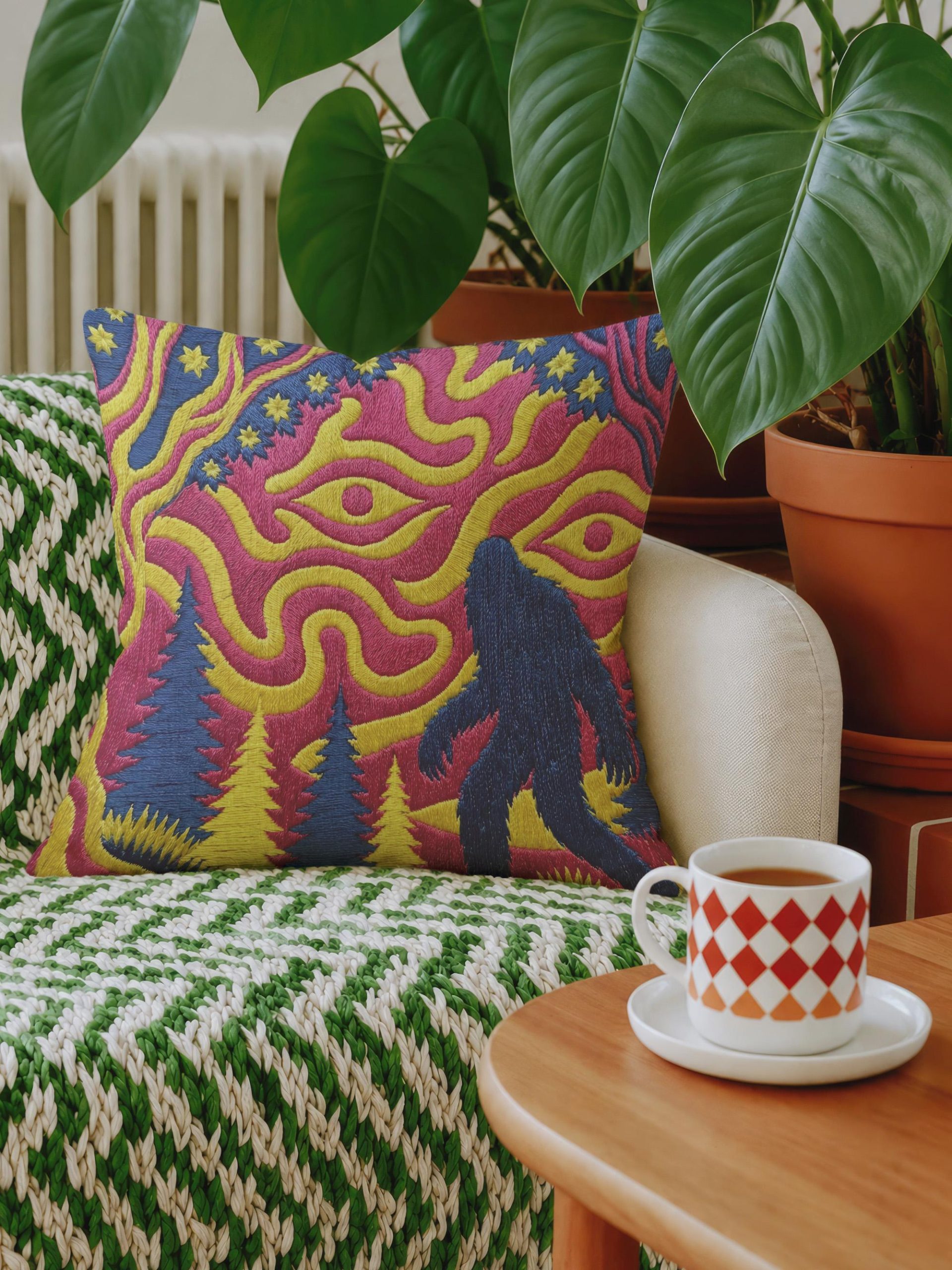 Colorful Embroidered Forest Tree and People Throw Pillow - Image 2