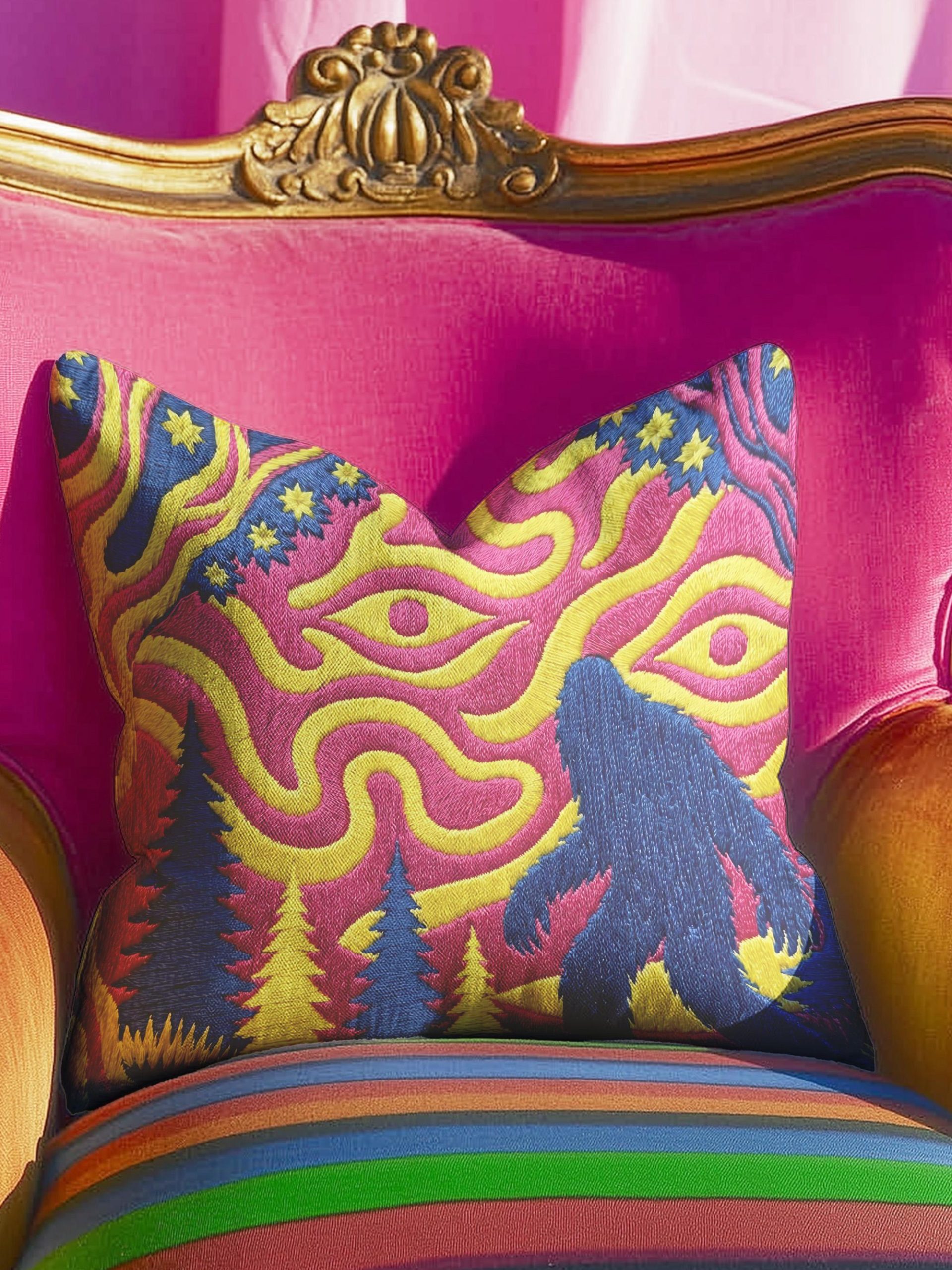 Colorful Embroidered Forest Tree and People Throw Pillow - Image 5
