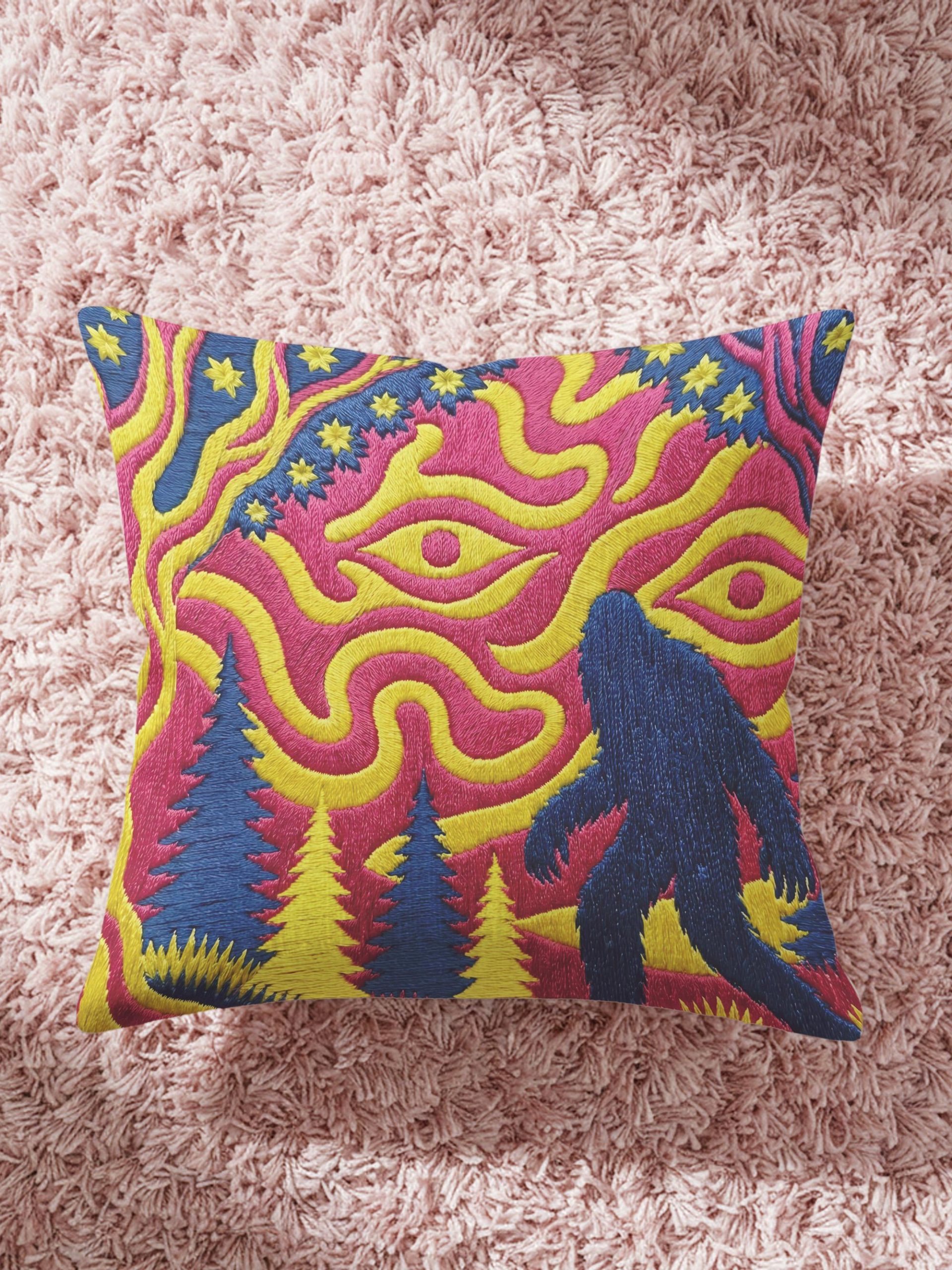 Colorful Embroidered Forest Tree and People Throw Pillow - Image 4